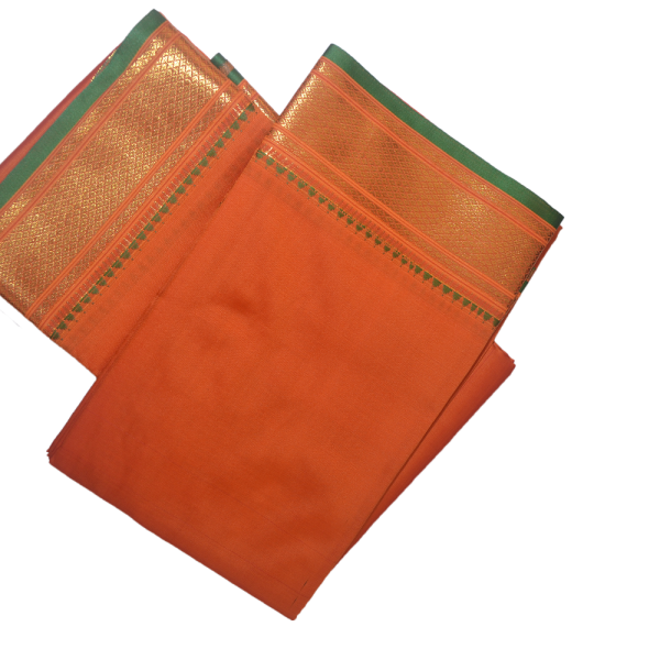 Orange Dhoti With Shawl In Pure Silk Golden Border